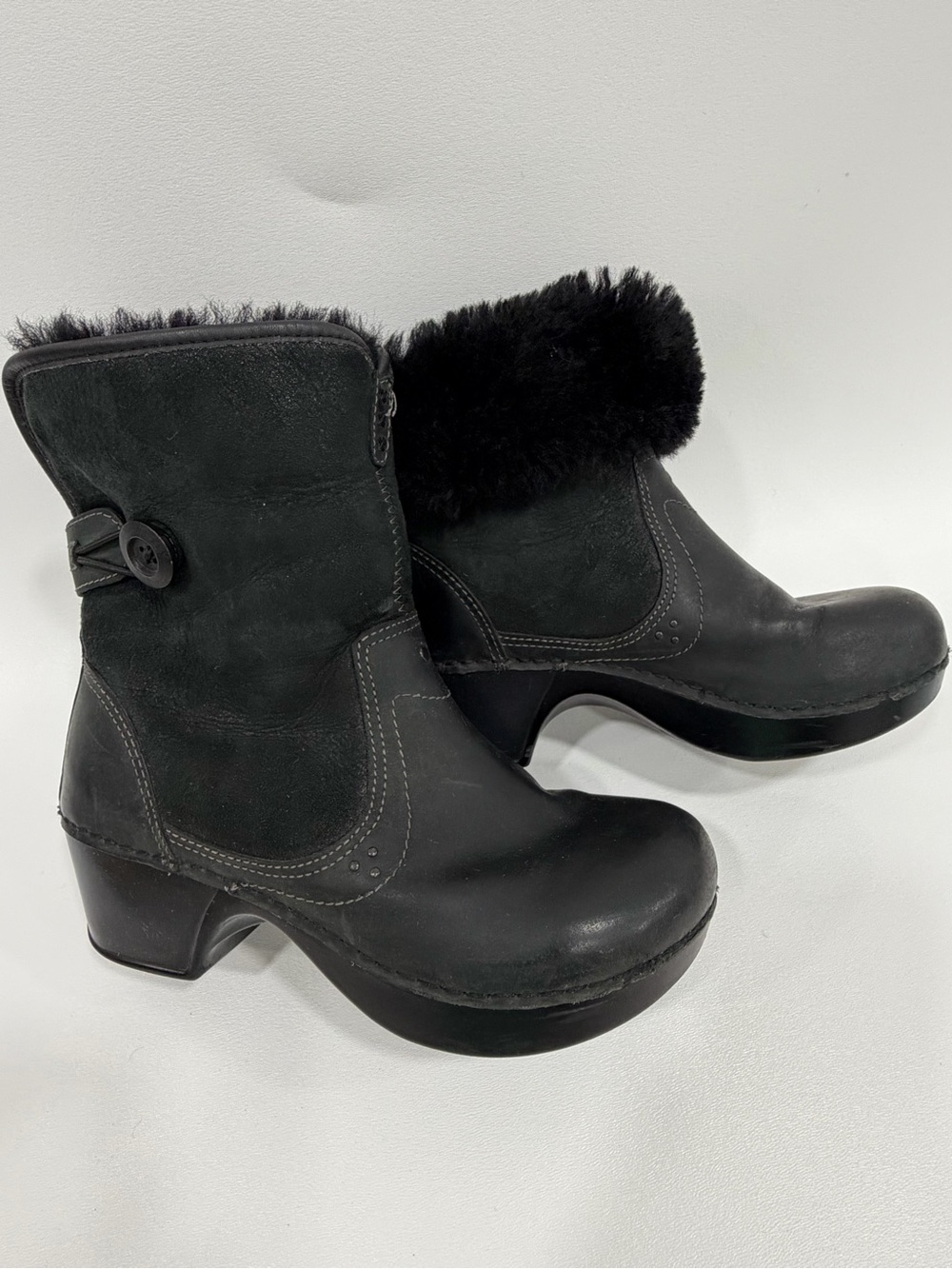 Dansko Harper Oiled Leather Shearling Lining Faux Fur Roll Down Boots Black